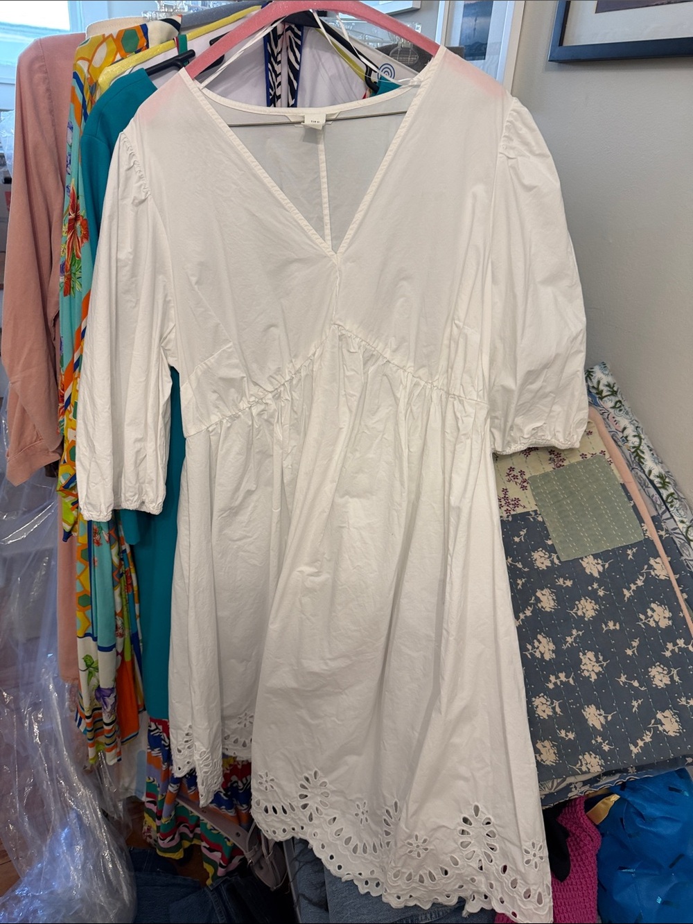 H&M White Eyelet V-Neck Puff Sleeve Mini Dress